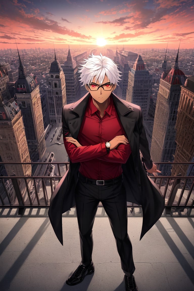 Image of absurdres, 1boy, dark-skinned male, medium hair, white hair, gles, red eyes, trench coat, black jacket++, undershirt, red shirt++, cargo pants, black pants++, shoes, black shoes++, outdoors, sunset+, looking at viewer, from above, expressionless, crossed arms, city, building, masterpiece+++