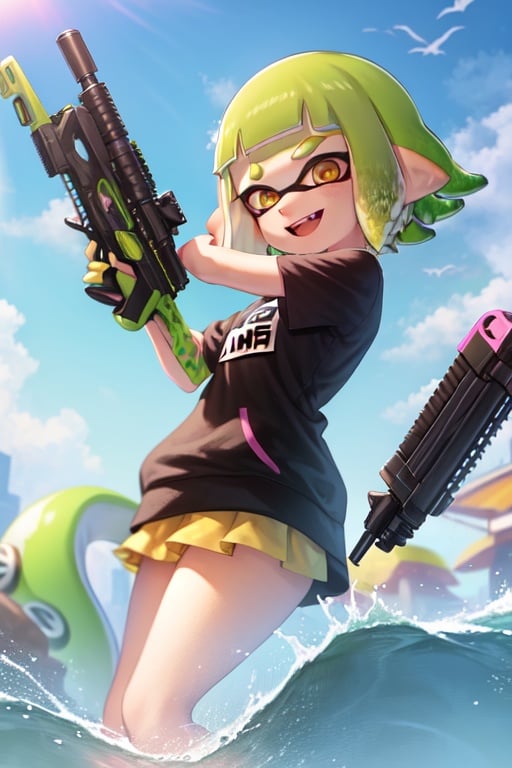 Image of 1girl, solo, (inkling girl)++, pointy inkling ears, splatoon+, tentacle hair, short hair, (lime hair)++, (yellow eyes)++, outside+, holding Dualies, splatoon dualies, two ink guns, lime ink, pink ink, battle, happy+, sunny+, up angle, cinematic, 4k, open mouth, smile