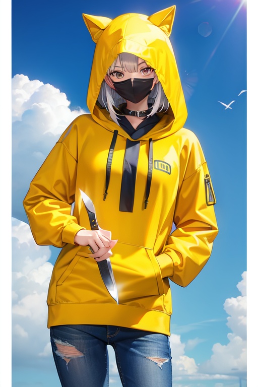 Image of masked, yellow hoodie, holding knife