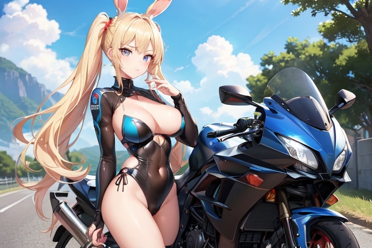 Image of Top quality, photorealistic, ultra-realistic, ultra-fine illustrations, super high resolution, highly detailed, clear outlines, one girl, perfect anatomy, shining hair, shining eyes, perfect face, detailed face, beautiful big breasts, twintails, blonde hair, blue eyes, round hips, black bunny girl ++, rides a motorcycle, turns around and looks at the viewer,
