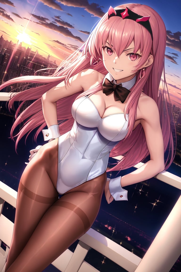 Image of absurdres, fate (series), fate/grand order, medb (fate), long hair, pink hair, brown eyes, medium breasts, cleavage, playboy bunny, white leotard++, pantyhose, brown legwear++, high heels, earrings, outdoors, sunset+, balcony, looking at viewer, dutch angle, hand on hip+, grin, masterpiece+++