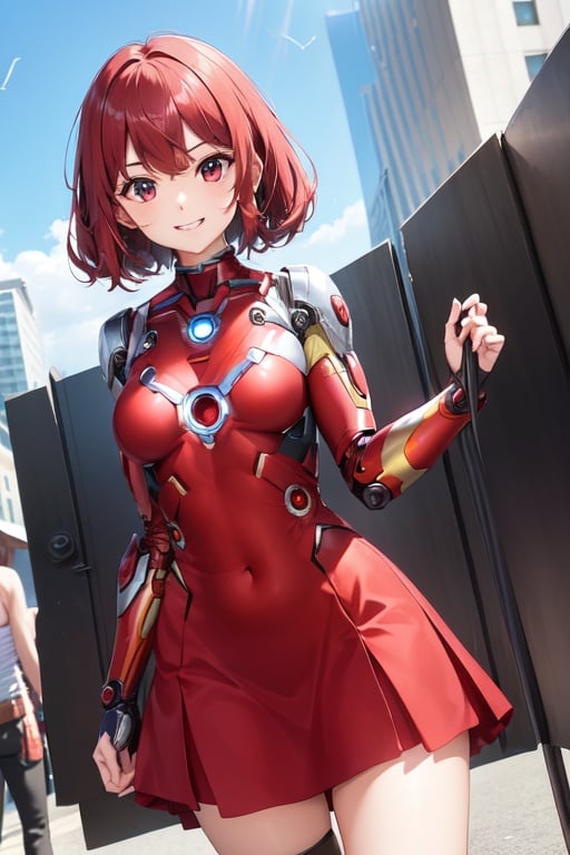 Image of A GIRL,wearing dress inspired by IRONMAN, smiling