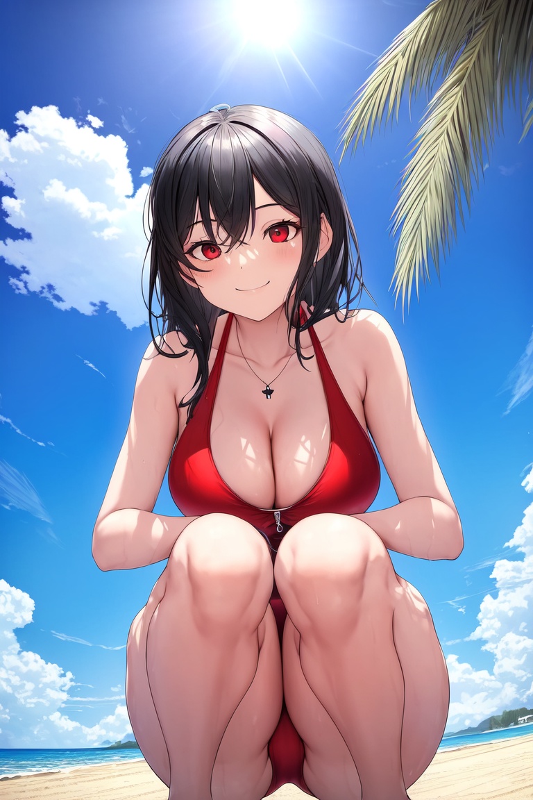 Image of absurdres, 1girl, medium hair, black hair, red eyes, medium breasts, cleavage, one-piece swimsuit, red swimsuit++, barefoot, outdoors, evening+, beach, looking at viewer, from below, squatting, smile, cleavage reach, masterpiece+++