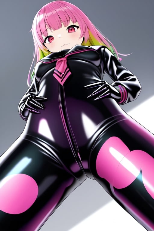 Image of (one girl), (hip focus), serafuku++++, multicolored tight latex++++, (from below)+++, spread legs, (whole body)+, (look down)+++, shine+, squat, BDSM