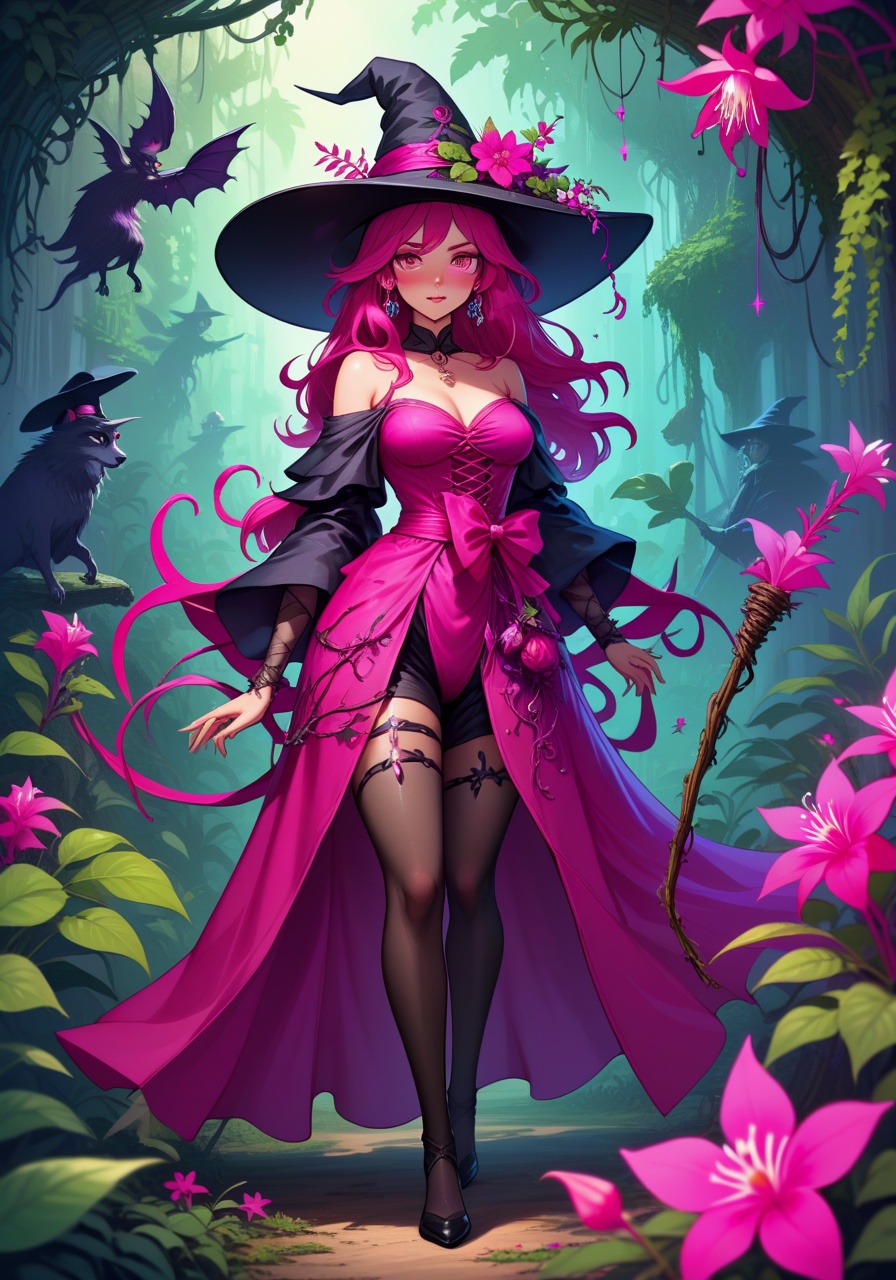 Image of Witch in Fuchsia colors with a witch outfit wrapped in vines and fuchsia flowers and hat with a flower wand in a flower jungle