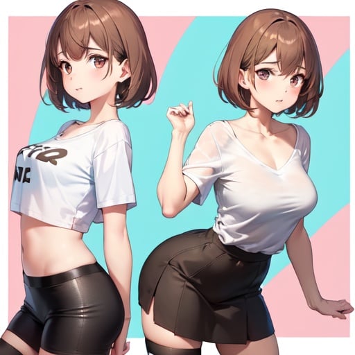 Image of Short Brown hair Girl with a t shirt, skirt and thigh highs, and Brown eyes, v neck