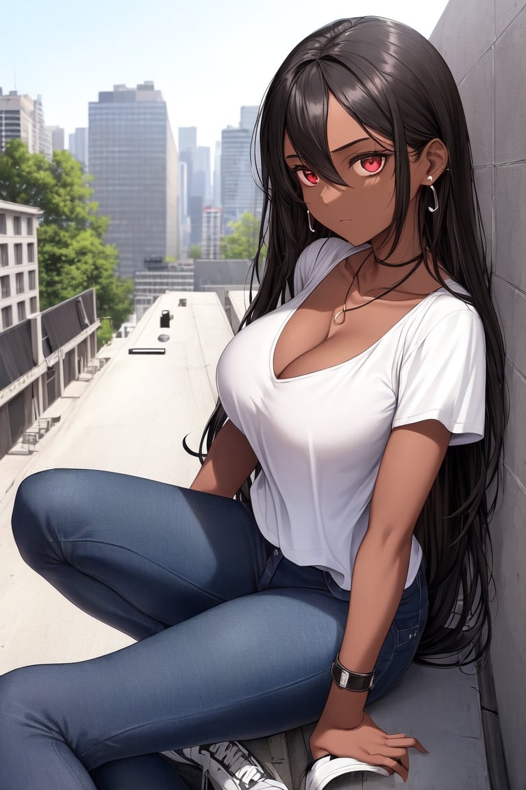 Image of absurdres, 1girl, solo, dark-skinned female, long hair, black hair, brown hair, large breasts, cleavage, t-shirt, white shirt++, jeans, sneakers, white shoes++, earrings, outdoors, evening+, rooftop, facing viewer, close-up, expressionless, cleavage reach, masterpiece+++