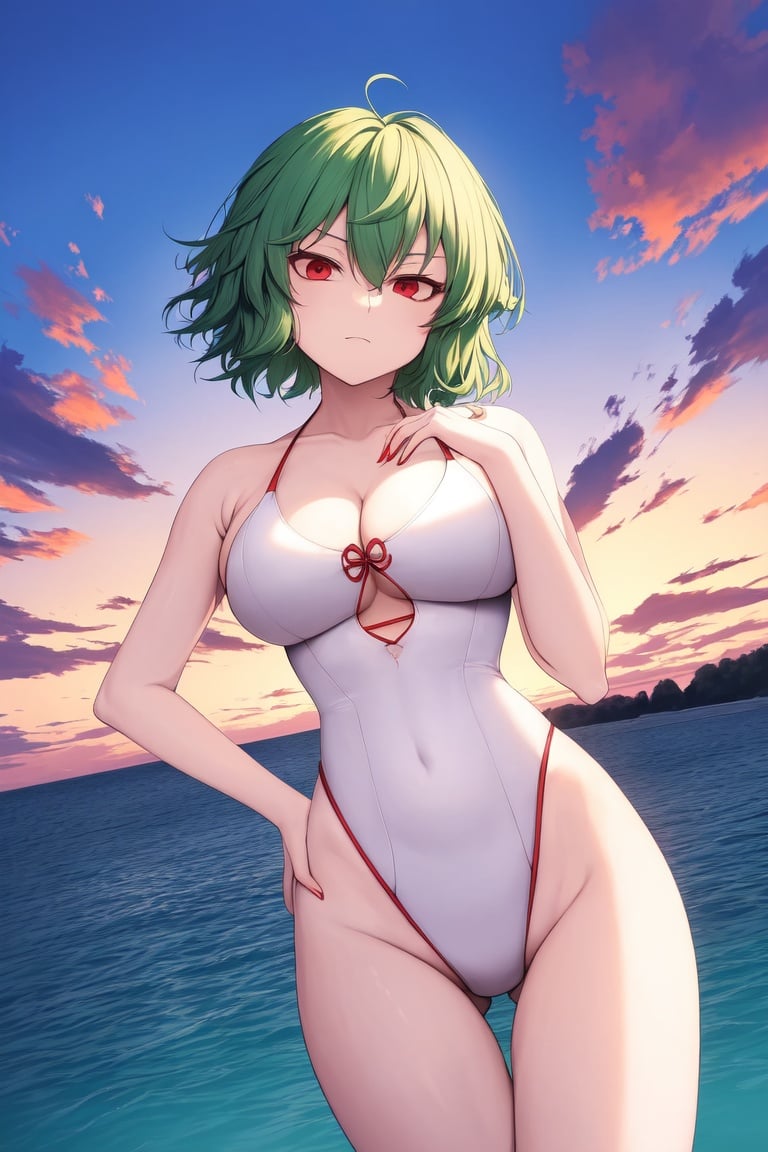 Image of absurdres, touhou, kazami yuuka, short hair, green hair, red eyes, large breasts, cleavage, one-piece swimsuit, white swimsuit++, barefoot, outdoors, sunset+, harbor, looking at viewer, from below, unamused, hand on hip, masterpiece+++