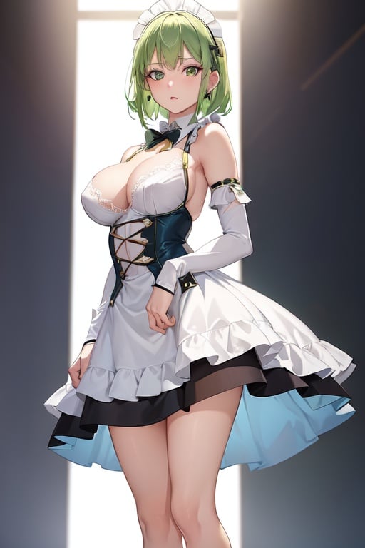 Image of (girl1), (anime), young beautiful, white woman, 18 years old, green hair and green eyes, (wearing), +, a ual maid outfit showing shoulders, and at the bottom of the dress the skirt is short and straight showing her legs, at the back at the bottom the skirt is also straight, hot, super busty, with AAA+++ size breasts, big ,