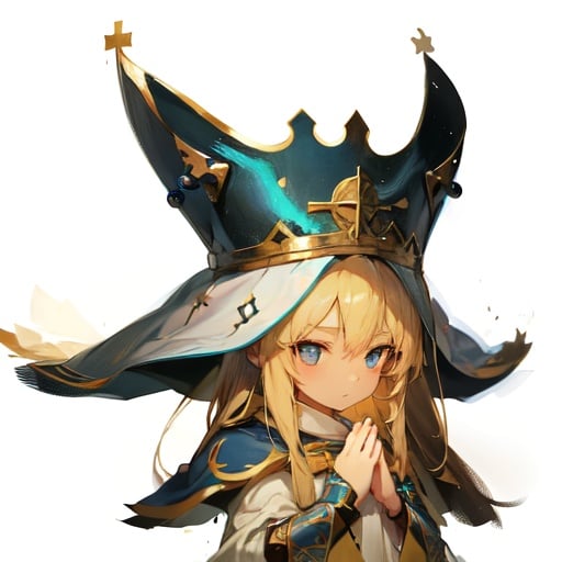 Image of simple background, 1 girl, blue eyes, loli, blonde hair, long hair, little girl, hat, priestess
