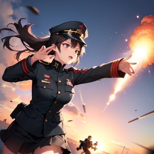 Image of Cute woman, military uniform, (throwing a bomb at black uniform soldiers)+, battlefield background, happy, daytime,