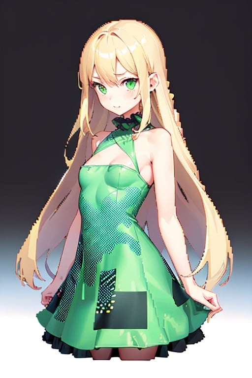 Image of 1girl solo cute Loli (small breasts)++ 5finger++ (glitch effect)+++ (gaming pixel)++++ (full body)+ (8bit pixel)+ (pixel perfect duplicate)+ (dot  Illustration)+ (glitch art)++ (green eyes)+ (blonde hair)+ (long hair)+ sea++ (digital image)++ (frilled dress)++, jewelry