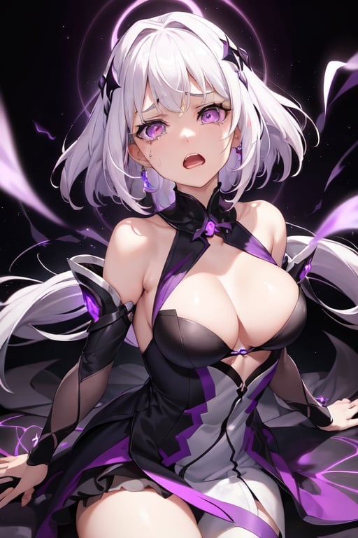 Image of beautiful girl, white hair, silver eyes, purple tones, abstraction, purple-white flames, a girl is crying, a girl looks at the sky without hope, contrasting colors, dark background, magic, purple and white colors predominate, purple-black clothes.  hysteria, hopelessness, death, darkness, despair, emptiness, purple magic, sitting on her knees in the center, light falls on her from above, everything is in darkness, she is in despair, she screams, I reach for the source of purple light, dark clothes, threw her head up,  screams in pain, everything around is in darkness, she raised her hand up and reaches for the source of purple light falling from above, the girl sits on her knees in the middle of the art, closed clothes, medium breast size, the girl does not look at the camera, breasts are covered with clothes, purple light  falls high above her, she cannot reach him, the girl is in the middle ground