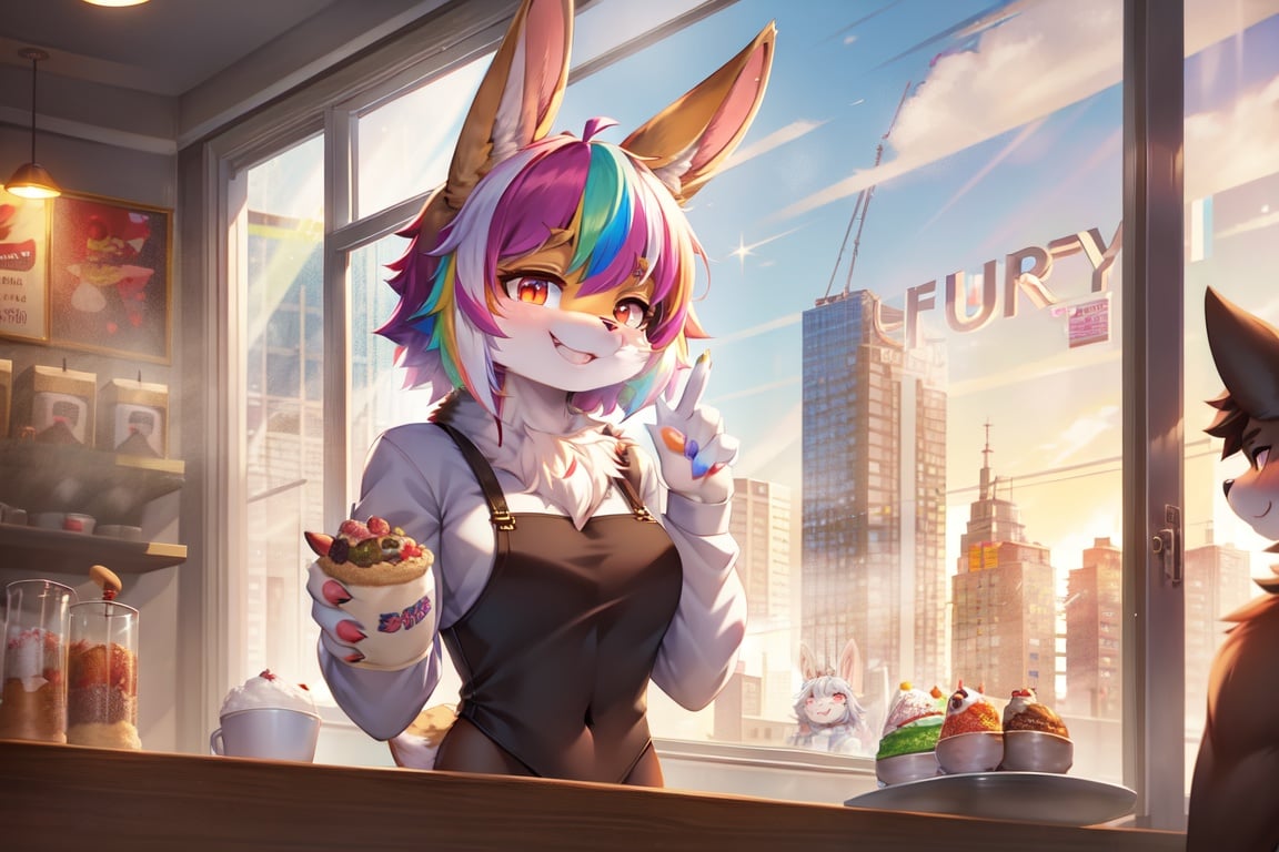 Image of 1 bunny girl, solo, short hair, random multicolored hair, random multicolored eyes,  bunny nose, bunny ears, bunny mouth, insane smile, morning time, on the Café, breakfast, beautiful sunrise seen on the Cafe's window, Café and Town background, high-quality, high detailed, original, bright colors, masterpiece 