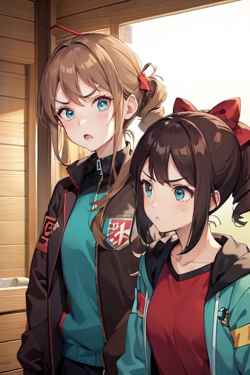 Image of 2girls, brown hair, aqua eyes, angry, hair bow, drill hair, jacket, armband, sauna