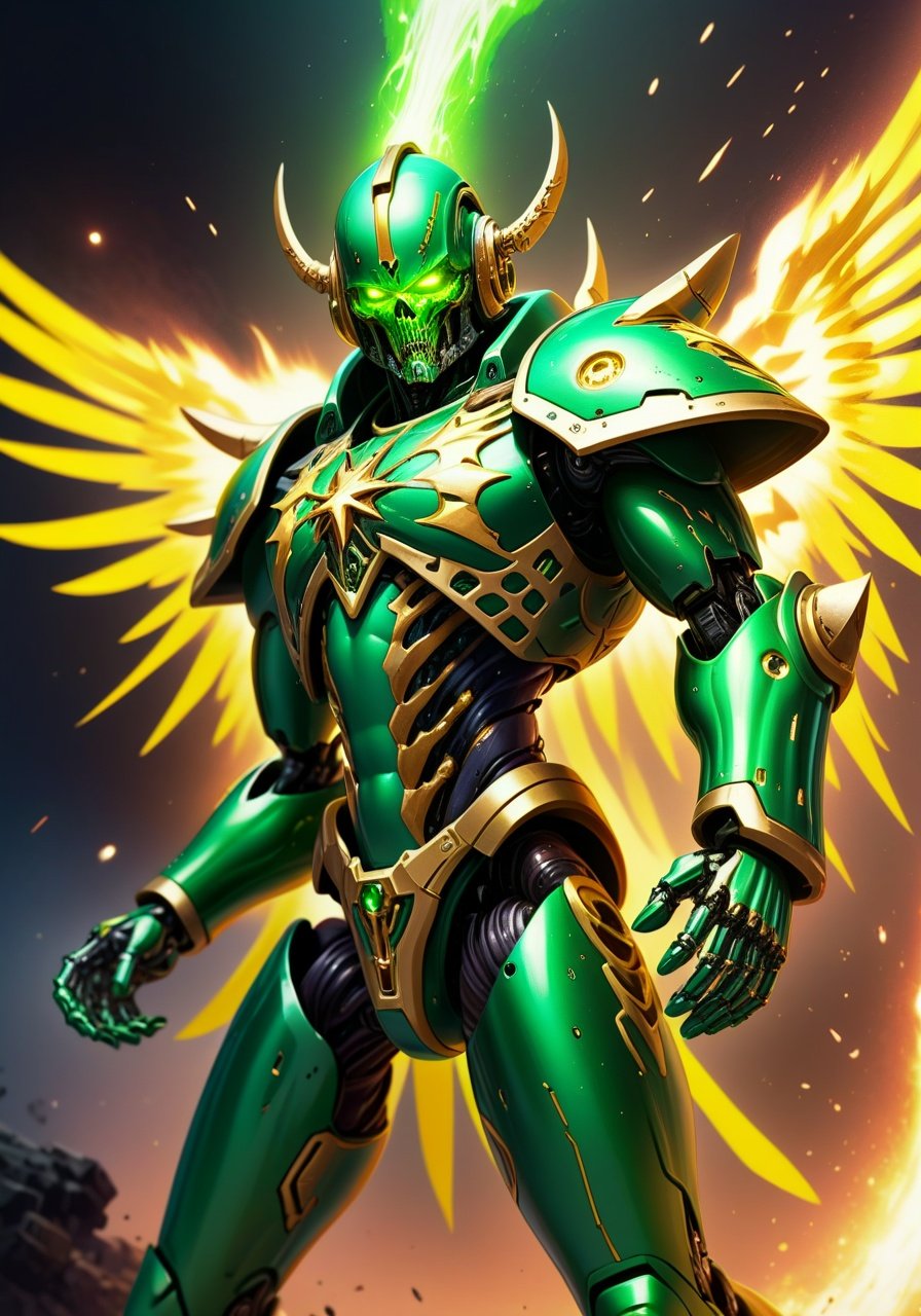 Image of 1 male,synthetic body,robotic body,Warhammer 40k,Necron,C'tan,Star God,Goddess,(Silver,green and gold metal body),Necrodermis Body,robot body,Pure energy body within Necrodermis body,wielding cosmic power,flying in space,muscular male body,large muscles,masterpiece,best quality 