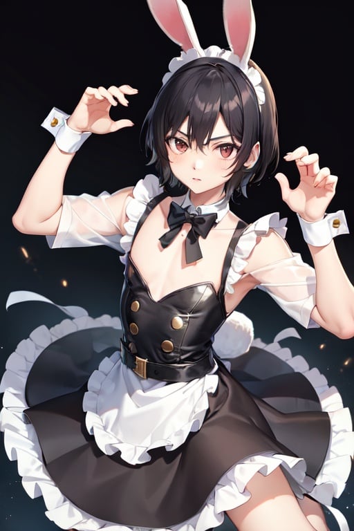 Image of 1boy, solo, fighting stance, black hair, grey eyes, :<, (rabbit ears)+++, maid dress, watch, space