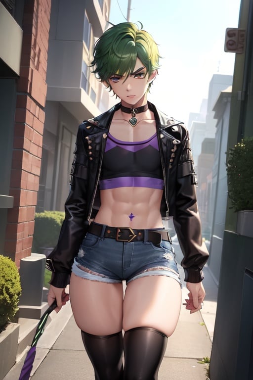 Image of 1boy++++, femboy, masterwork, super quality, ultra quality, super detailed green skin++, eyeliner++, thick eyebrows, purple eye, solo focus, smug, collar, choker, belt, piercing, tattoos, jewelry, flat chested+++, solo+++, crop top, thighhighs, big ++, huge +++, flat chest+++, orc+++, walking+++, jeans shorts+++, 