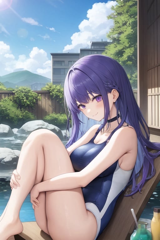 Image of 2girls, realistic, sitting, (hugging own legs)+++, from side, blue hair, purple eyes, :3, curly hair, ahoge-, swimsuit, onsen, bursting breasts, thick thighs, smiling, looking at another