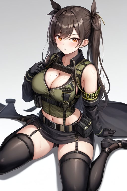 Image of tactical vest, high quality, cleavage, full body, y, mole, large breasts, sweating, high waist thong, 