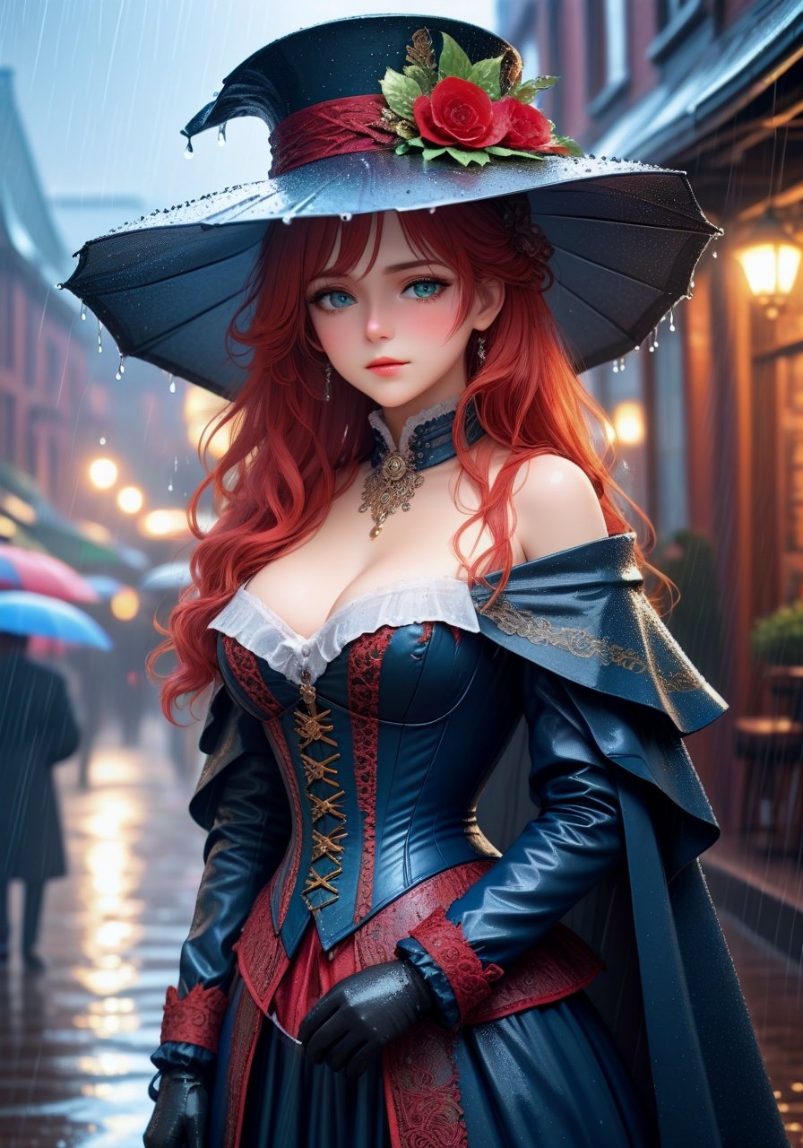 Image of 1girl, standing in the rain in a stylish pose, intricate detailed victorian clothes, silver accessories, intricate underbust corset, hat, intricate cloak, soaked wet clothes, smirk, slim body, bright red long wet hair, beautiful detailed glow, detailed, Cinematic light, intricate detail, highres, rounded eyes, detailed facial features, high detail, sharp focus, smooth, aesthetic, extremely detailed, gigantic chest, bare breasts, octane render, detailed victorian city background, rain spatter off body
