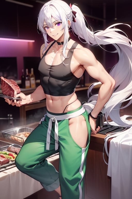 Image of 1boy, long curly hair, white hair, saggy ponytail, purple eyes, seductive smile, black tanktop, green pants, waist apron, sandals, meat background, sandals, scars on body, 