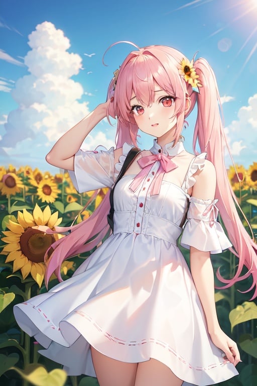 Image of Pink hair, pink eyes, twintails, white dress, blue sky, sunflower field