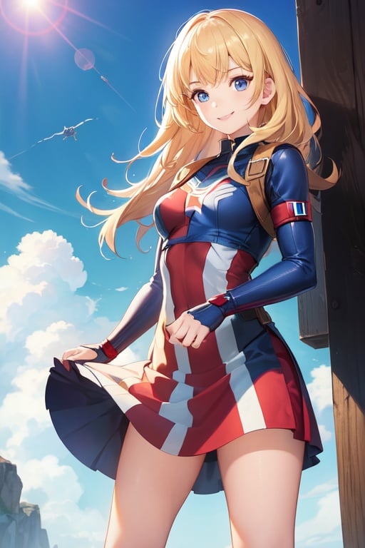 Image of A GIRL,wearing dress inspired by CAPTAIN AMERICA, smiling