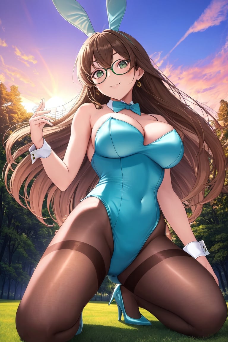 Image of absurdres, 1girl, long hair, brown hair, green eyes, glasses, large breasts, cleavage, playboy bunny, light blue leotard++, brown legwear++, pantyhose, earrings, high heels, outdoors, sunset+, mansion, looking at viewer, from below, smile, kneeling, outstretched hand, masterpiece+++