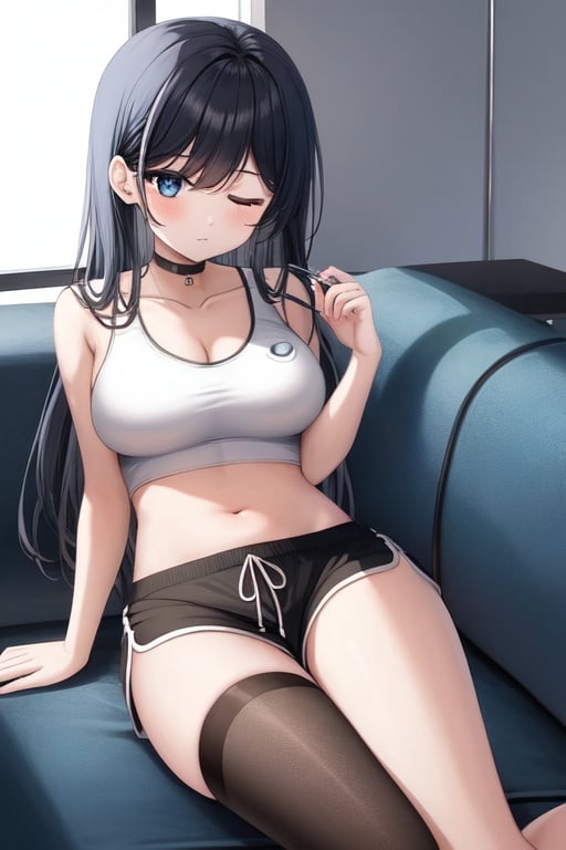 Image of 1girl, laying on couch, eyes closed, drooling, black shorts, short crop top, spegg, navel, blue eyes,  thighhighs, original, indoors,  eyebrows visible through hair, barefoot, long black hair, bursting breasts