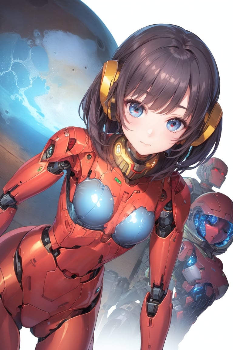 Image of (girl on the mars, view planet ground and 3 robots)+++,1girl,(space suit)+++,(perfect anatomy)+++,(cyborg mecha girl)++,(stylish angle)++++,(necktie)+,(industrial Design headphones)+,(high small breasts closed translucent bra)+++,(cute loli)++,(lower bobbed hair)+,(look at viewer)+++,(1 cyborg android small chest loli)++,(ultra-detailed),(gleaming skin)+++,(eyes dark blue),