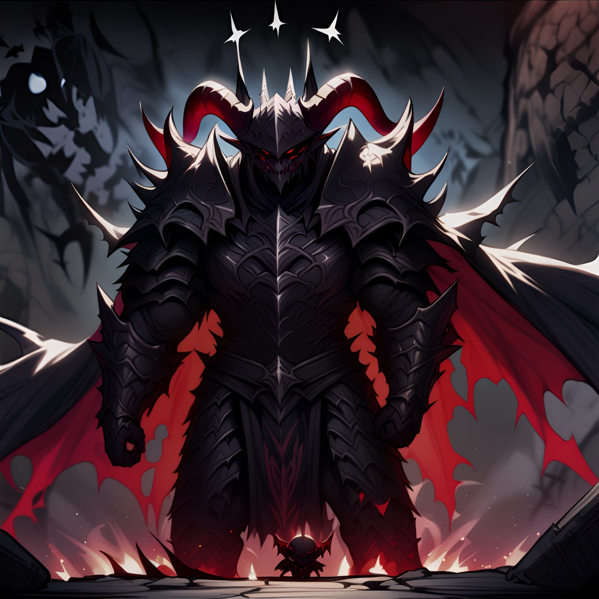 Image of 1man, solo, standing, demon, horns, demons armor++, cool armor+++, cool helmet++,  fantasy+++, demon lord+++++