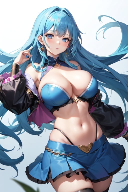 Image of A magical girl with large breasts and blue hair in clothing heavily ripped and torn