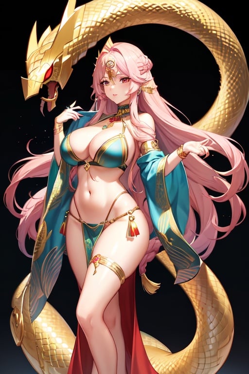 Image of Snake goddess, with gold jewelry, long flowy hair, curvy body, snake eyes 
