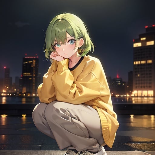 Image of 1 girl, solo, Soaked yellow sweater long sleeves, soaked baggy grey trousers, high quality, detailed eyes+++, bright green eyes,  bright green hair, (sad face), (nighttime cityscape background), rainy, squatting, 