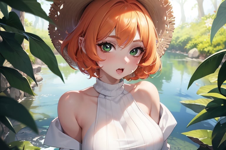 Image of masterpiece, best quality, ultra-detailed, 8k, detailed face, detailed hair, detailed skin++, pale skin white glowing skin++, water color++, water color, 1girl, facing viewer, orange hair, medium breasts++, short hair, pixie cut, green eyes, puffy eyes+++, tareme eyes, big eyes+++, pleated skirt, red skirt, Brown color knit++, open mouth, bashful,