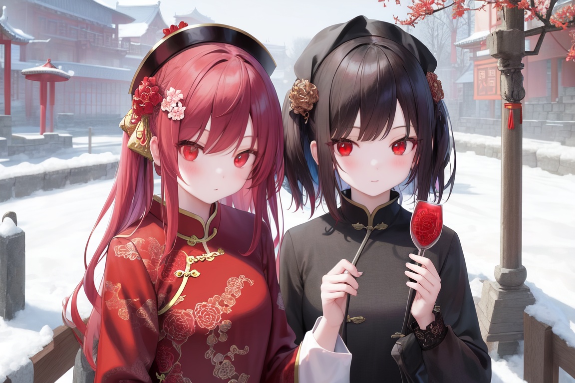 Image of 2girls,china,snow,red hair,red eyes,town