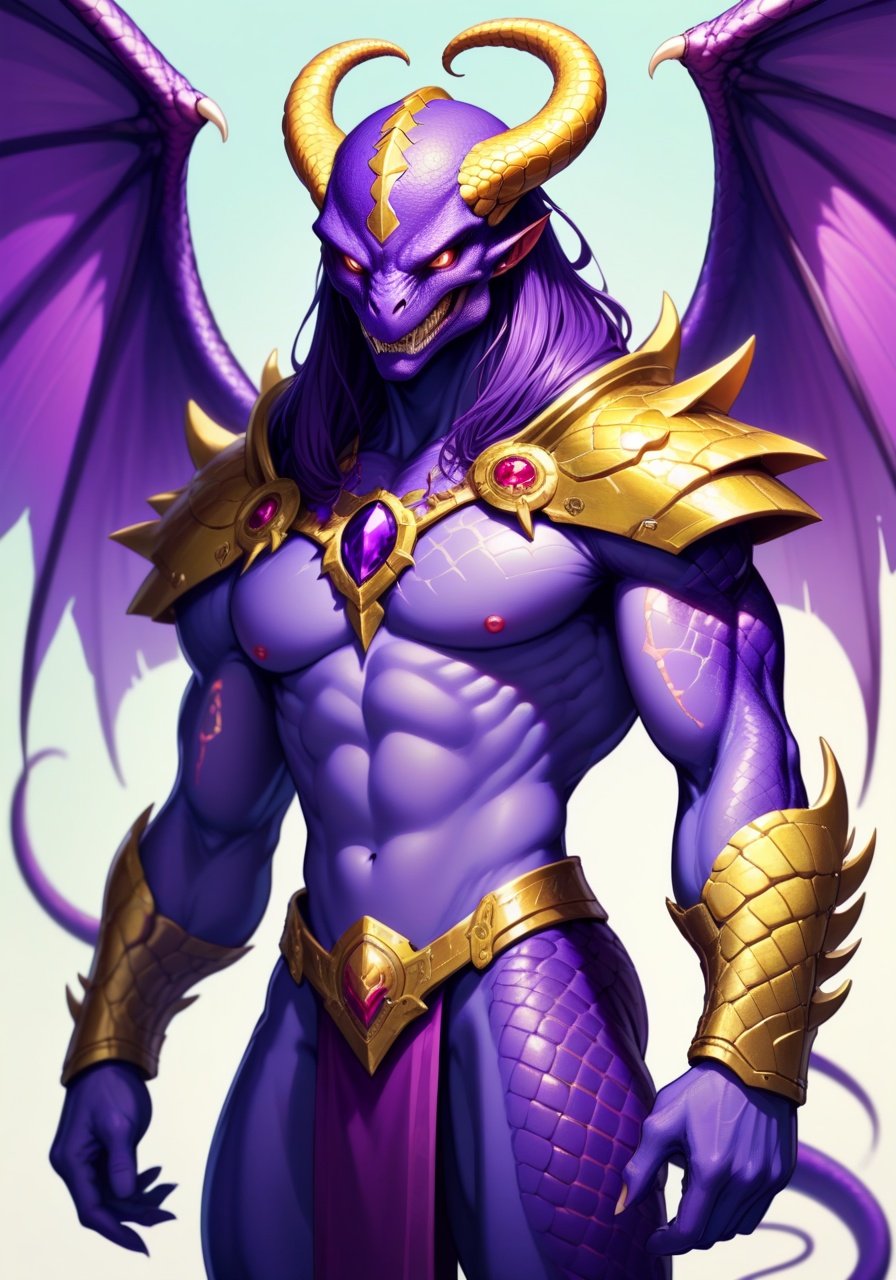 Image of 1 male,four arms,Anthropomorphic snake,Scalie,lamia,naga,purple skin+++,purple scales+++,Slaneesh,Daemon,reptilian eyes, reptilian head,cobra head,cobra hood,snake tail lower half+++,snake lower half+++,Large reptilian wings,reptilian body,snake body,Warhammer 40k,Daemon Prince,purple and gold armour+++,muscular male,body builder male,large muscles,best quality,masterpiece
