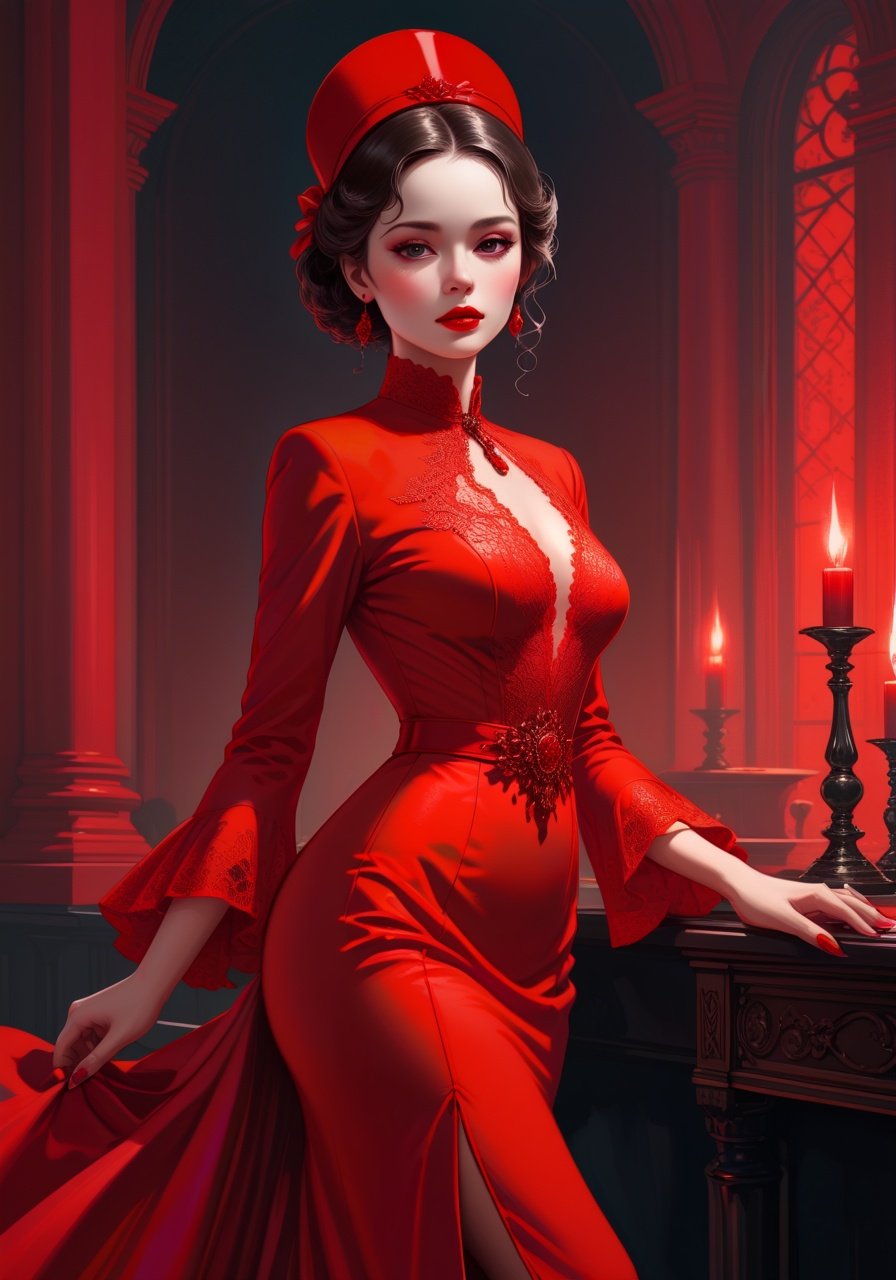 Image of lady in red, noir atmosphere, perfect anatomy, ultra-detail, rich