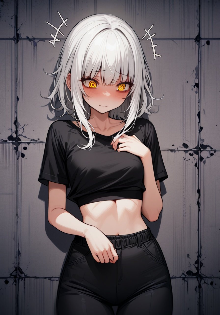 Image of 1 girl, solo, black trousers, black crop top, high quality, detailed eyes+++, yellow eyes,  messy white hair, (calm face), (concrete background), yandere vibes, yandere,