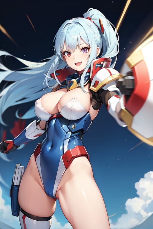 Image of Gundam armor blue red and white ,girl, white hair, spacial base background,smiling, fighting pose, exposing tits, nervous