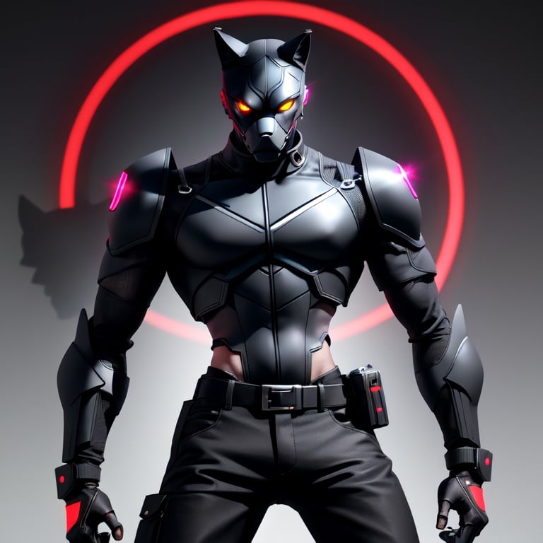 Image of  masterpiece,black wolf, pants, mechanic legs, cyber body, neon eyes, stand, solo