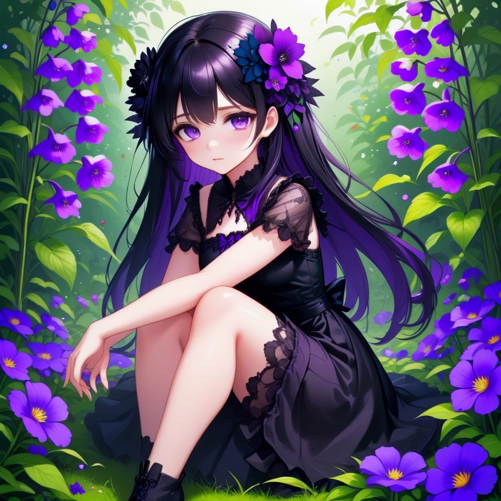 Image of masterpiece), best quality, expressive eyes, perfect face, anime girl with black hair and purple flowers in her hair, anime girl wearing a black dress, dark flowers, black flowers, purple and black clothes, violet and black, purple and black color palate, gothic maiden anime girl, school girl in gothic dress, gothic girl dressed in black, violet flower, purple and black color scheme, ((purple)), dark purple, purple and dark blue eye chromia, sitting, hugging own legs