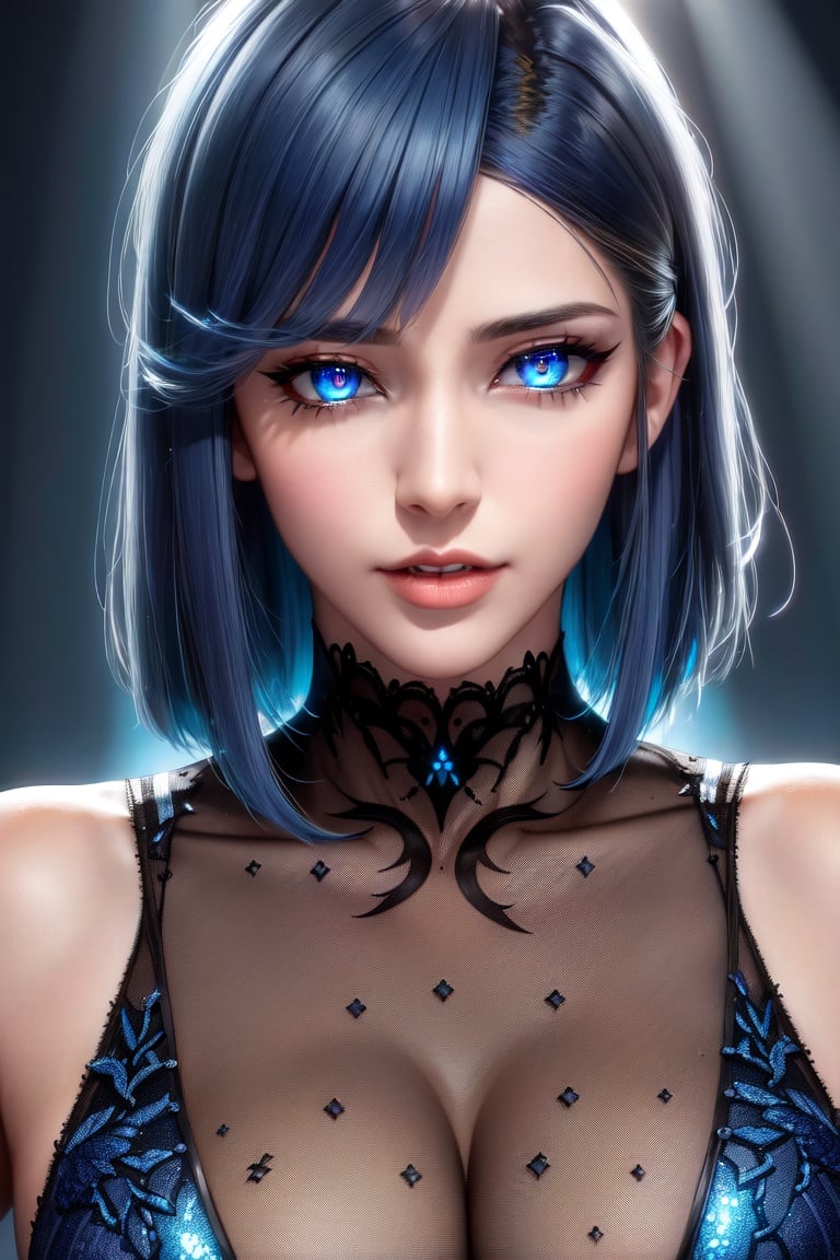 Image of Lightning eyes,Glowing pupils,dress,god rays,4k,8k,best quality, masterpiece, hyper detailed, intricate detail, detailed hair ++,dark blue hair highlights, short hair, detailed blue eyes ++, soft lips, gyaru, light, large breasts, raytracing, perfect shadow, sun, highres, face, sunshine, enhanced eyes
