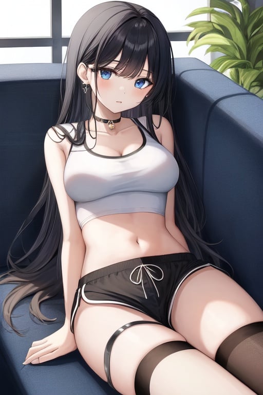 Image of 1girl, laying on couch, eyes closed, drooling, black shorts, short crop top, spegg, navel, blue eyes,  thighhighs, original, indoors,  eyebrows visible through hair, barefoot, long black hair, bursting breasts