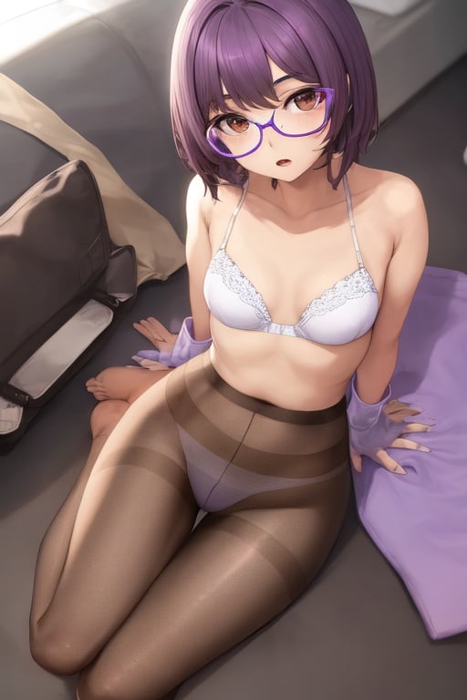 Image of 1girl, short brown hair, brown eyes, purple glasses, large breasts, open mouth, small pimples, white bra, blue pantyhose, barefoot, laying down
