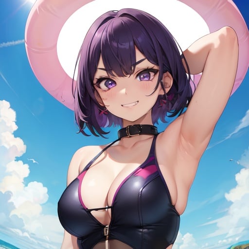 Image of 1 girl, solo, Swim suit, high quality, detailed eyes+++, purple eyes,  purple hair, (evil grin face), (school background), masterpiece+++, high quality+, 