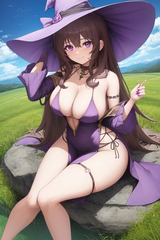 Image of create an Anime art. Solo woman, a female character sitting on rocks in purple dress with a field of gr behind her, witch hat, is a purple witch dress with a small opening on top of the pect part of the dress, long curled hair is waving with a long curled bangs of light brown color is purple eyes. big boobs and curvly  body big boobs. It's big thighs it's beautiful body