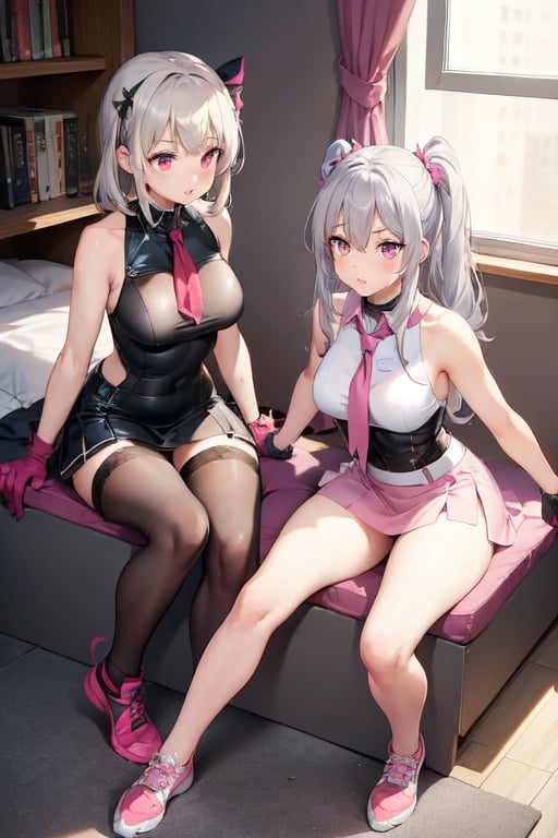 Image of 2girls, stretching, grey hair, pink eyes, :o, sash, shoes, gloves++, lace trim, neckerchief, indoors