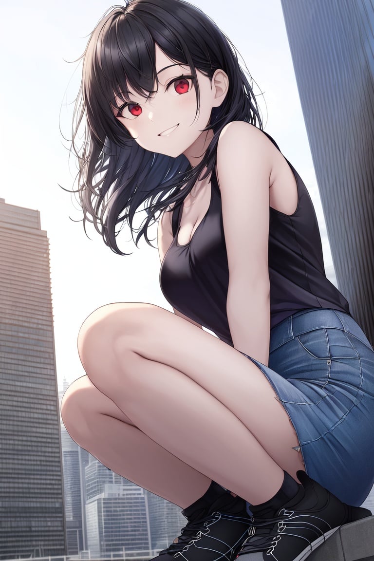 Image of absurdres, 1girl, medium hair, black hair, red eyes, medium breasts, cleavage, sleeveless shirt, blue shirt++, denim skirt, socks, sneakers, black shoes++, wrist straps, outdoors, evening++, balcony, cityscape, looking at viewer, from below, smile, arms behind back, masterpiece+++